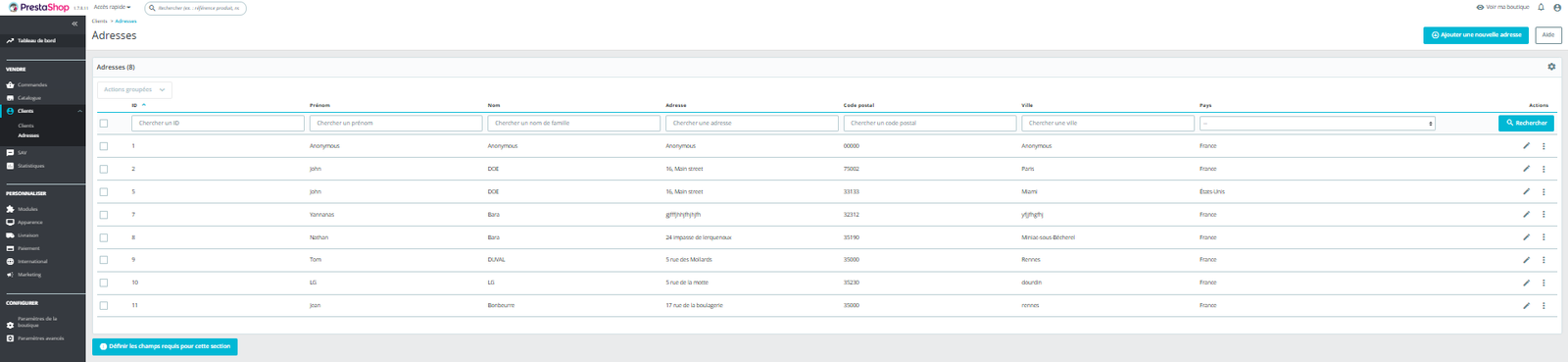 Gestion des adresses clients
